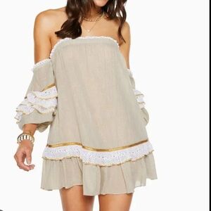 Ramy Brook Womens Mini Dress Beige Kyro Off Shoulder Ribbon Trim